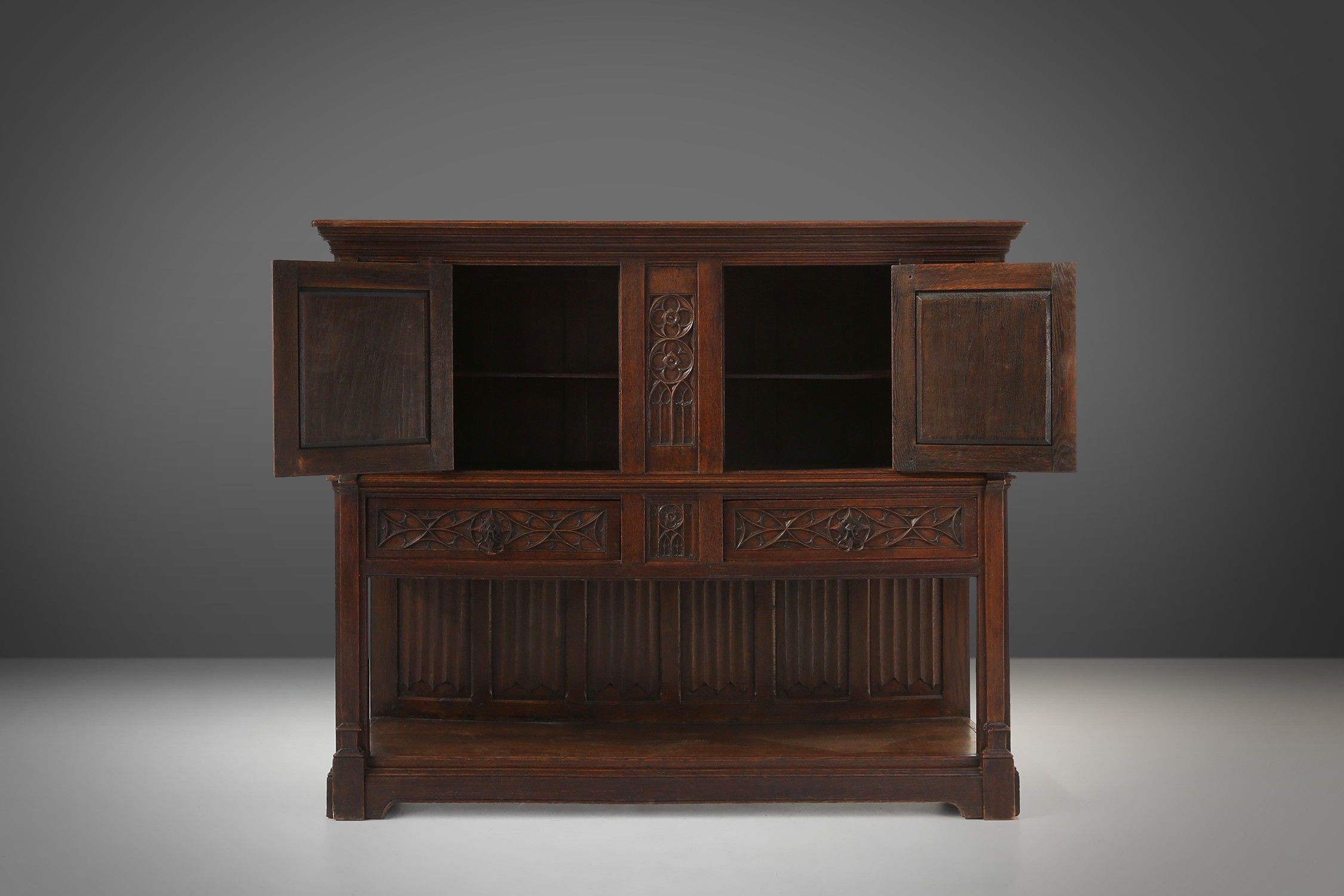 Neo-gothic cabinet in oak with concealed storage and rich decorations, France, 1850sthumbnail